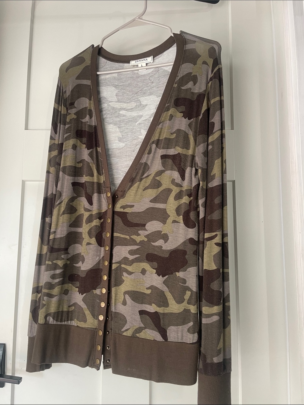 Zena Olive and Brown Camo Button Cardigan